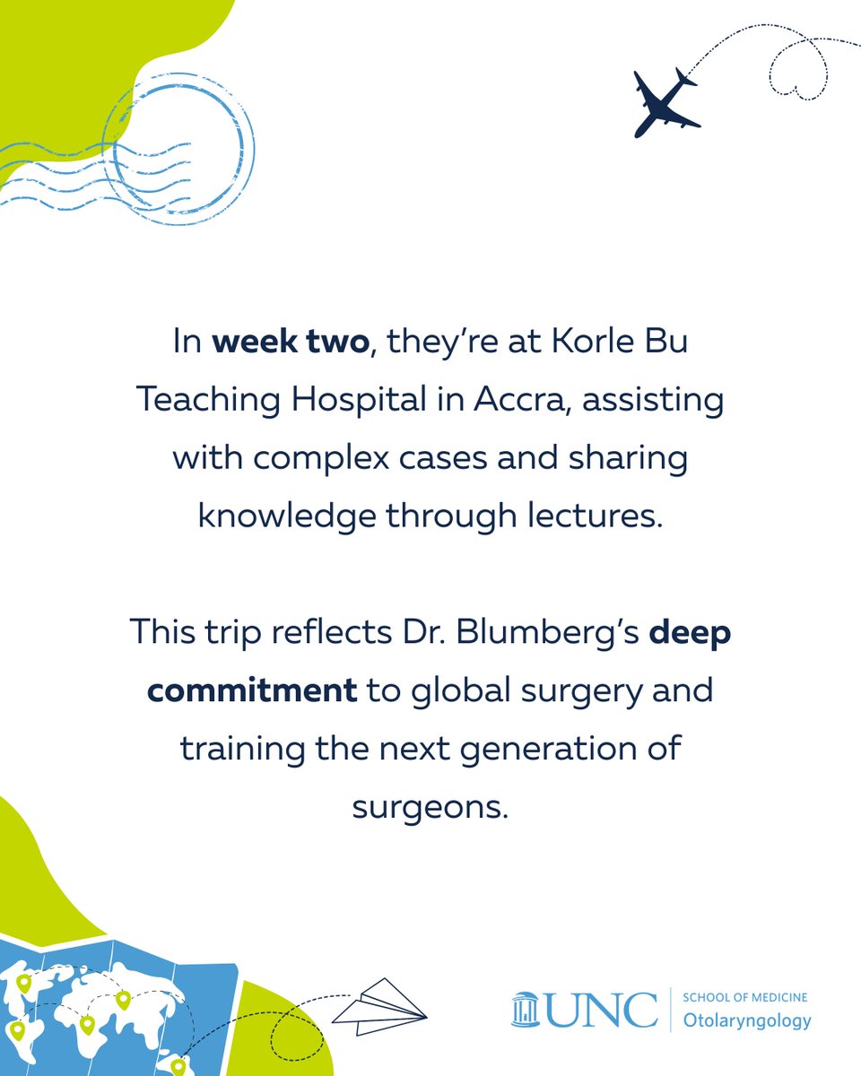 Dr. Blumberg and Dr. Sifon Ndon are currently in Ghana on a two-week mission to deliver surgical care and education. This mission highlights Dr. Blumberg’s passion for global health and the vital role of mentorship in medicine.
#GlobalSurgery #UNCENT #MedicalMission