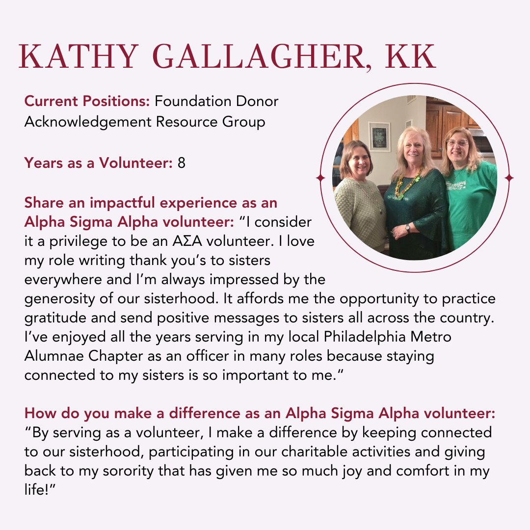Happy Volunteer Appreciation Month to all of Alpha Sigma Alpha's volunteers!! We are excited to highlight Alpha Sigma Alpha's volunteers. Thank you, Kathy, for your dedication to Alpha Sigma Alpha!
