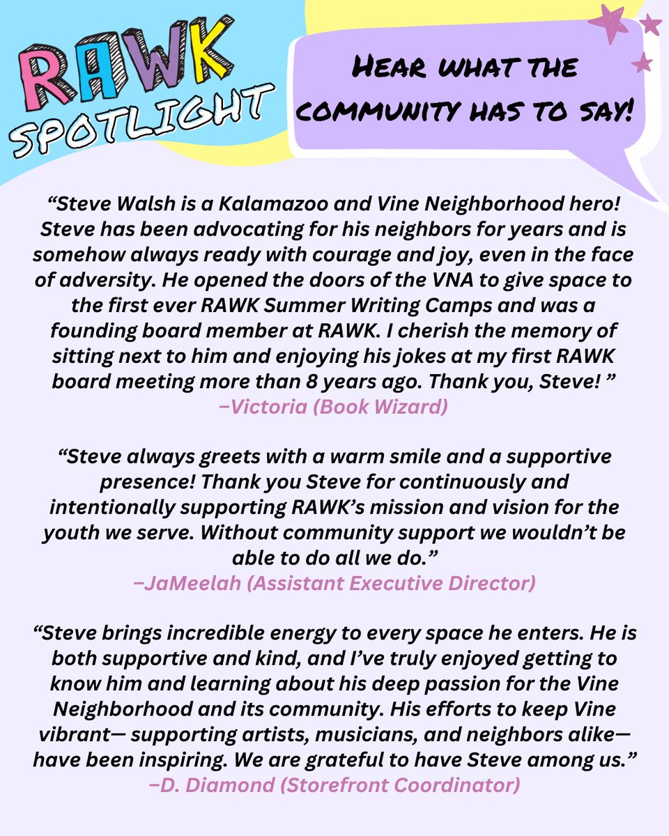 ReadWriteKzoo's tweet image. We’re thrilled to shine the RAWK Spotlight on our friend and neighbor Steve Walsh from the Vine Neighborhood Association!

Steve’s commitment to building community and supporting young people makes him a true force for good, and we’re honored to celebrate him this month!