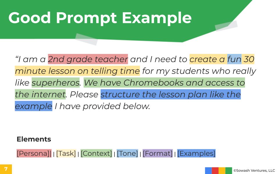 John R. Sowash (@jrsowash) on Twitter photo Here's a beautifully crafted example of an #AI prompt that encompasses six vital elements needed for useful responses. By weaving these components into your prompts, you'll significantly elevate the caliber of your responses.
#TeacherTwitter #AIinEDU Here's a beautifully crafted example of an #AI prompt that encompasses six vital elements needed for useful responses. By weaving these components into your prompts, you'll significantly elevate the caliber of your responses.
#TeacherTwitter #AIinEDU