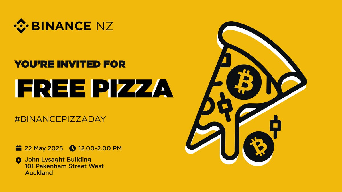 To celebrate the iconic #BitcoinPizzaDay, we're throwing an epic pizza party! And everyone is invited 😎

Mark your calendars. On May 22, from 12-2PM, we'll be parked outside 101 Pakenham St West, Auckland CBD giving away FREE PIZZA for lunch.

RSVP: events.humanitix.com/binance-free-p…