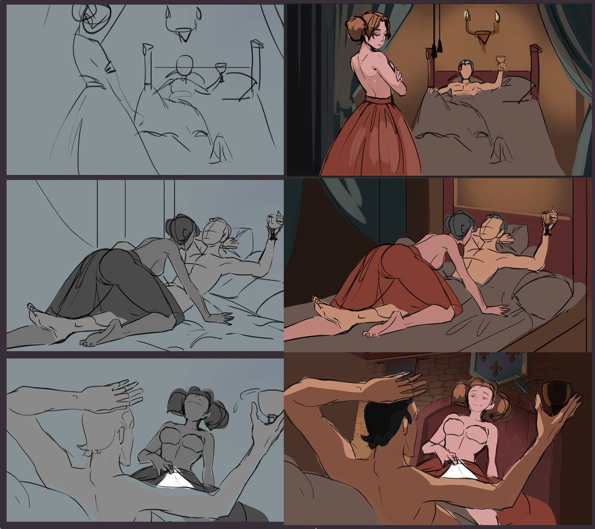 We've prepared for you the concepts of the modified scene with Steffa (if you give her “nuance” and send her to the Baron). The scene will get three new animated frames.

#indie #conceptart #conceptdesign #indiedev #adult