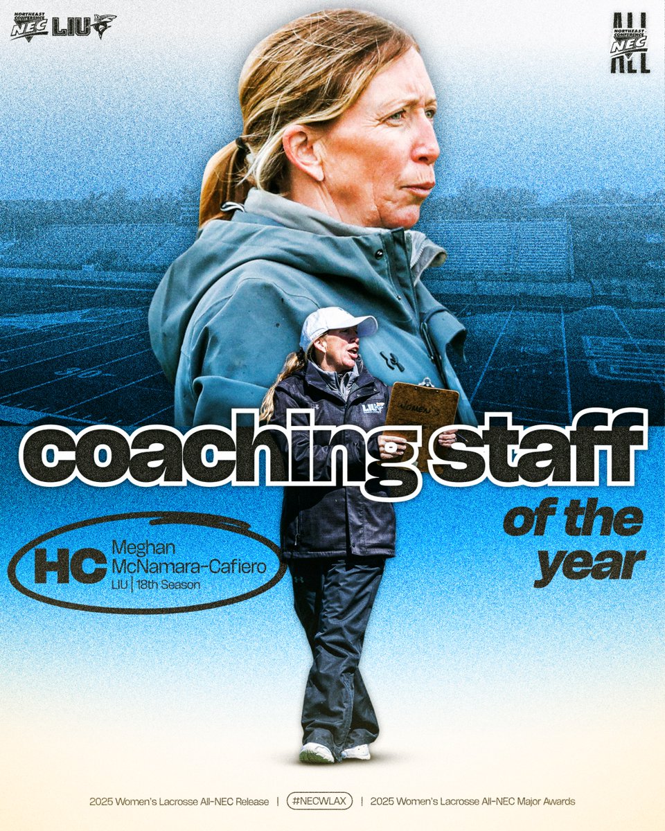 Northeast Conference (@necsports) on Twitter photo ๐ฅ๐
2025 #NECWLAX Coaching Staff of the Year
<a href="/LIUAthletics/">LIU Athletics</a> (HC: Meghan McNamara-Cafiero) โจ
ยป Guided the ๐ฆ to a share of the regular season ๐ for the 2nd-straight season
ยป Has led LIU to an .895 NEC winning % in the past two years
ยป The first-ever repeat honoree for LIU in ๐ฅ๐
2025 #NECWLAX Coaching Staff of the Year
<a href="/LIUAthletics/">LIU Athletics</a> (HC: Meghan McNamara-Cafiero) โจ
ยป Guided the ๐ฆ to a share of the regular season ๐ for the 2nd-straight season
ยป Has led LIU to an .895 NEC winning % in the past two years
ยป The first-ever repeat honoree for LIU in