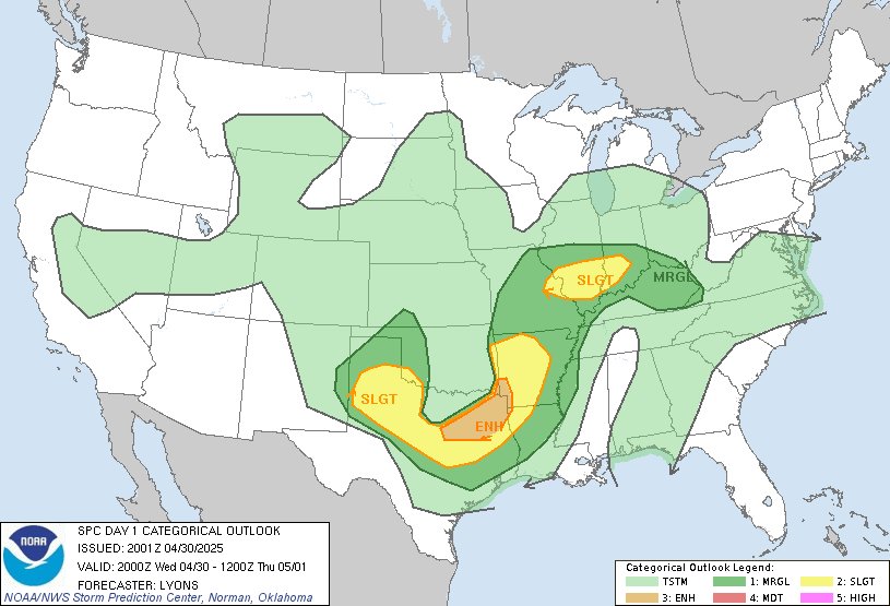 3:03pm CDT #SPC Day1 Outlook Enhanced Risk: across parts of the ArkLaTex and far southeastern Oklahoma spc.noaa.gov/products/outlo…