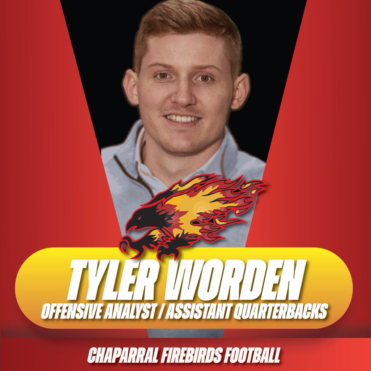 Tyler Worden (@tylerjworden) on Twitter photo Pumped to announce that I’ve accepted a Qffensive Analyst/Asst. Quarterbacks Coach position at <a href="/ChapfootballAZ/">Chaparral Football</a>! Beyond grateful to <a href="/Trace_Carroll/">COACH TRACE</a> for the opportunity and to <a href="/Coach_J_Allen/">Jake Allen</a> for helping me get my start in coaching. Time to get to work!
#GoBirds #Chaptown Pumped to announce that I’ve accepted a Qffensive Analyst/Asst. Quarterbacks Coach position at <a href="/ChapfootballAZ/">Chaparral Football</a>! Beyond grateful to <a href="/Trace_Carroll/">COACH TRACE</a> for the opportunity and to <a href="/Coach_J_Allen/">Jake Allen</a> for helping me get my start in coaching. Time to get to work!
#GoBirds #Chaptown