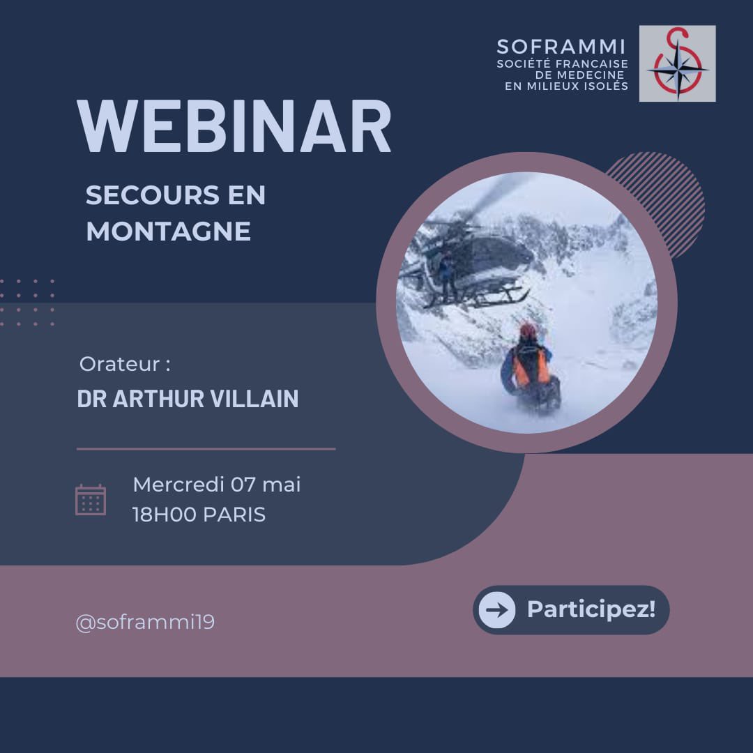 soframmi's tweet image. Save the date 🚨

🗓️ Le mercredi 07 mai (18h), nous vous attendrons nombreux pour le nouveau webinaire de la SoFraMMI, en collaboration avec l’ANMSM !

🎙️Le Dr Arthur Villain nous parlera des secours en montagne 🏔️

🔗 Lien Zoom : us06web.zoom.us/j/86412585970?…