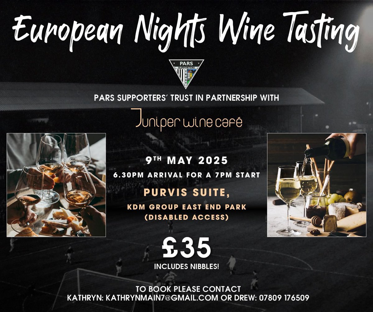 ParsSupportersTrust (@dafc_pst) on Twitter photo ‼️ REMINDER ‼️
Our wine tasting event with Juniper Wine Cafe is coming up on the 9th May!
Get in touch to book your place!
📧 kathrynmain7@gmail.com
📞 Drew Main 07809176509 ‼️ REMINDER ‼️
Our wine tasting event with Juniper Wine Cafe is coming up on the 9th May!
Get in touch to book your place!
📧 kathrynmain7@gmail.com
📞 Drew Main 07809176509