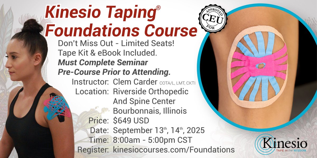 🚨 Don’t wait – spots are going fast! 🚀
Boost your business with Kinesio Taping magic:
📍 LIVE in Illinois
🔥 Add a pro skill
💪 Expand your practice
Register NOW! #KinesioTaping #PainRelief #LevelUp