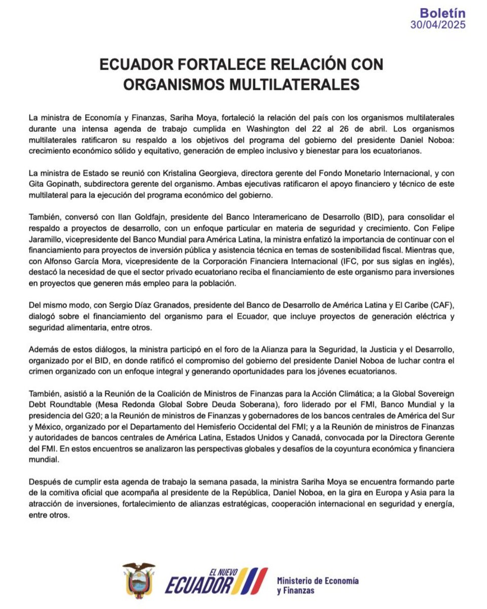 EcEnDirecto's tweet photo. #ATENCIÓN 
Sariha Moya, ministra de Economía y Finanzas, mantuvo #reuniones con organismos #multilaterales durante su visita a Washington, #EEUU, del 22 al 26 de abril de 2025. https://t.co/NRewc2V7DE