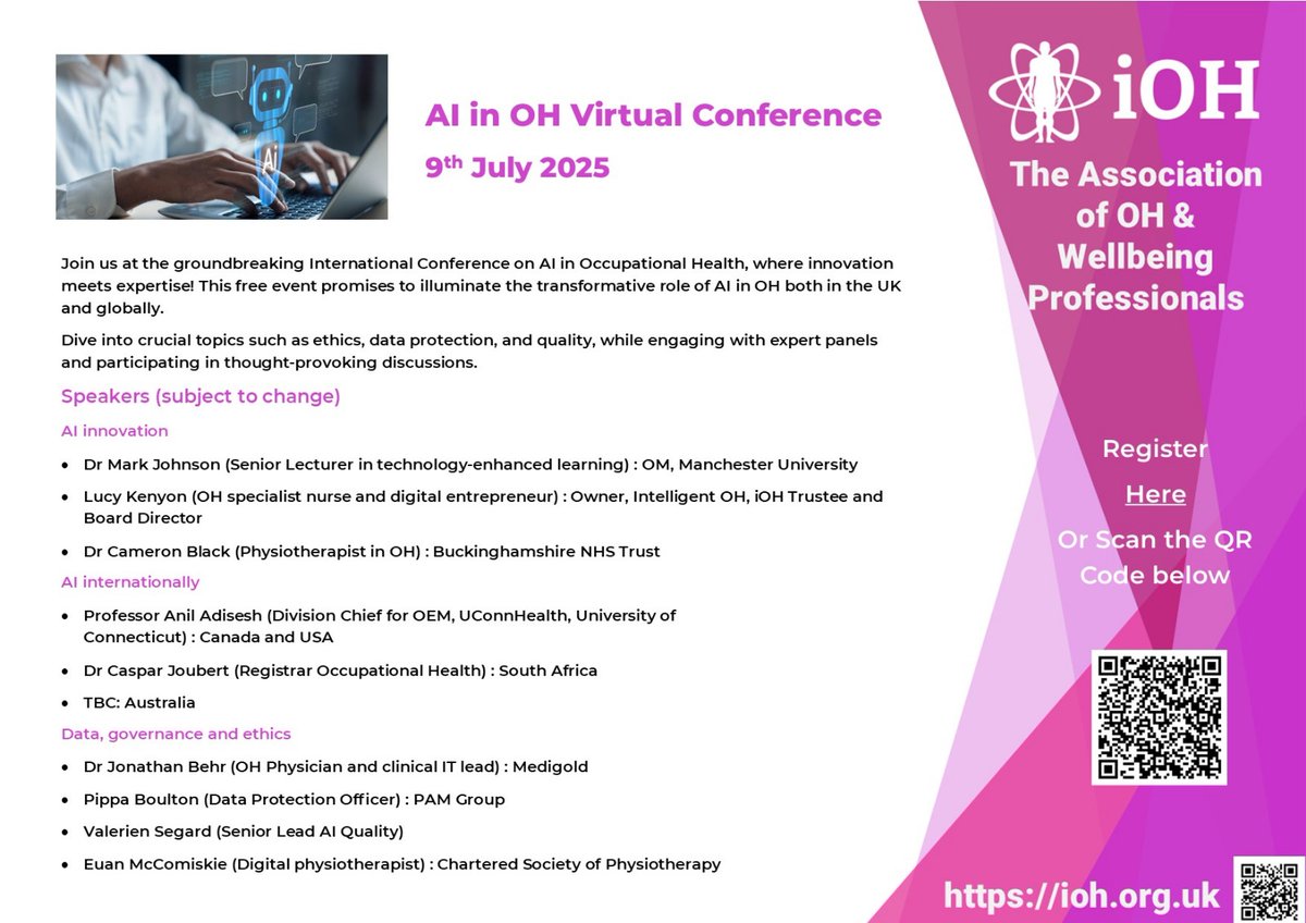 black_cameron's tweet image. Get ready for the AI in OH Conference!
Explore how AI is revolutionising workplace safety, employee wellbeing and health management. Hear from top experts, uncover innovative solutions, and network with pioneers shaping the future of OH.
*Free* #AI #OH #occupationalhealth