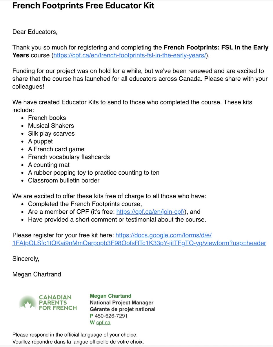 👀 FREEBIES!!! 

Great news for early years French educators in 🇨🇦, who often don’t have a program or even a curriculum doc.  Daycares &amp; home schools  would benefit too.  A free course, a free kit, and a good organization to support.  Win win win!