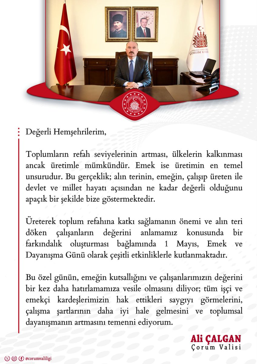 Valimiz Sayın Ali ÇALGAN’ın 1 Mayıs Emek ve Dayanışma Günü Mesajı

<a href="/ValiAliCalgan/">Ali ÇALGAN</a>