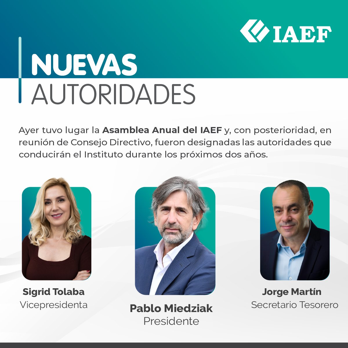 IAEF_oficial's tweet image. Durante la Asamblea Anual realizada ayer, el IAEF renovó sus autoridades.
Asume la Presidencia de nuestra institución Pablo Miedziak @miedziakp , Contador Público egresado de la UADE, con un Master en Finanzas en UDESA. A lo largo de su trayectoria, se desempeñó como CFO en…