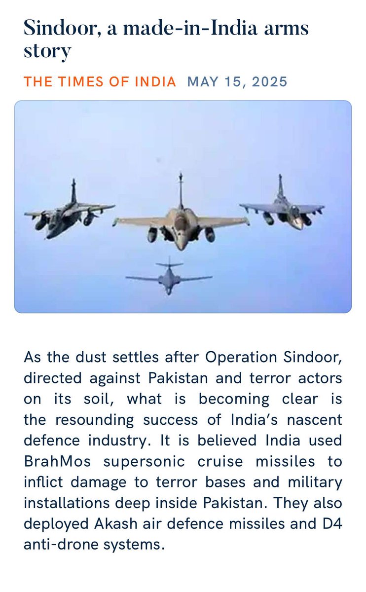 Operation Sindoor, a 'Made In India' success story of our defence industry.

🗞️ timesofindia.indiatimes.com/india/sindoor-…

Via NaMo App