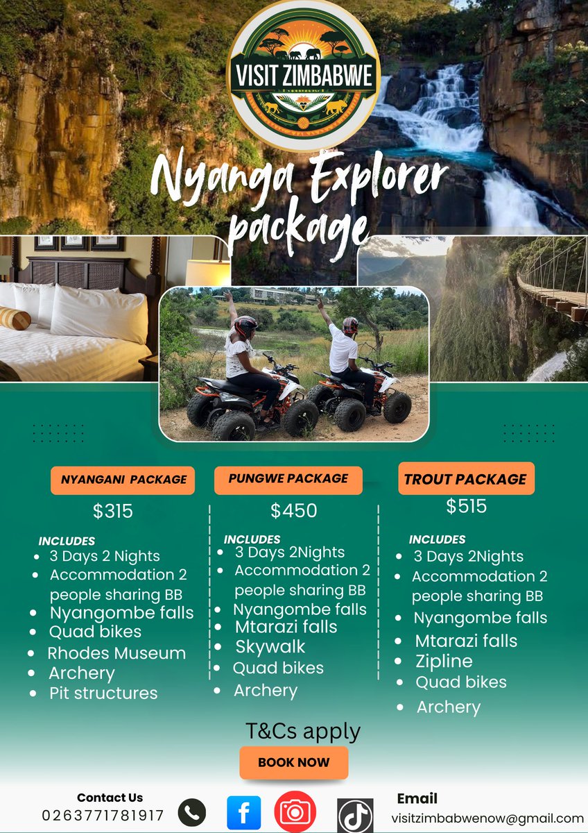 Explore Nyanga at your own pace – 
Choose your own package that suits your requirements on our self-drivepackags -flexible payment plan available (50% deposit, balance before travel). Discover  the beauty of the Eastern Highlands! Book now and let the adventure begin!