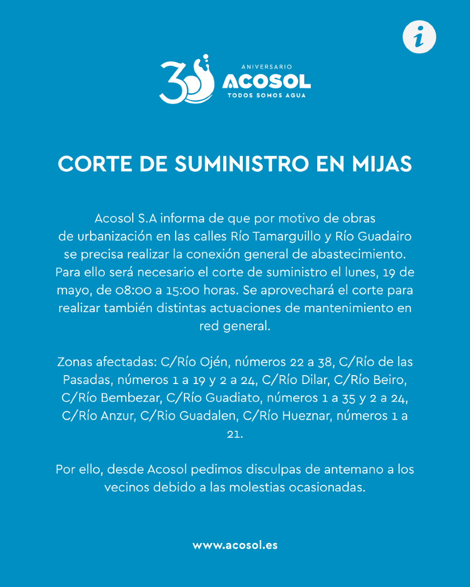 📢 ¡AVISO!

🚧 Corte de suministro por trabajos de obras de urbanización en las calles Río Tamarguillo y Río Guadairo, en Mijas, el lunes 19 de mayo.

#TrabajamosPorTi
