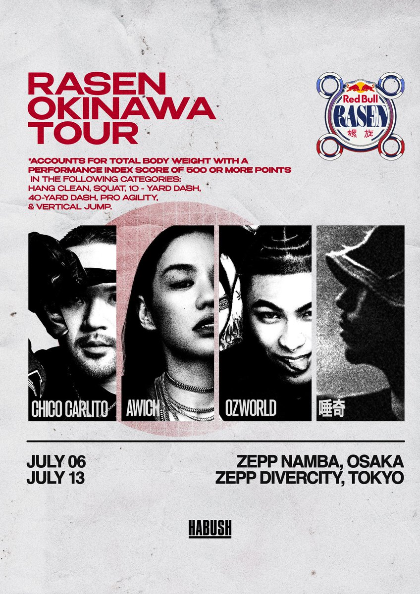 ◆ライブツアー情報◆

Awich・OZworld・唾奇・
CHICO CARLITO が圧巻のマイクリレーで
日本全国を駆け巡る
"RASEN OKINAWA TOUR"

・7月6日（日）大阪・Zepp Namba
・7月13日（日）東京・Zepp DiverCity

▶︎ チケットはこちら
最速先着受付（e+）
eplus.jp/rasen-okinawa/