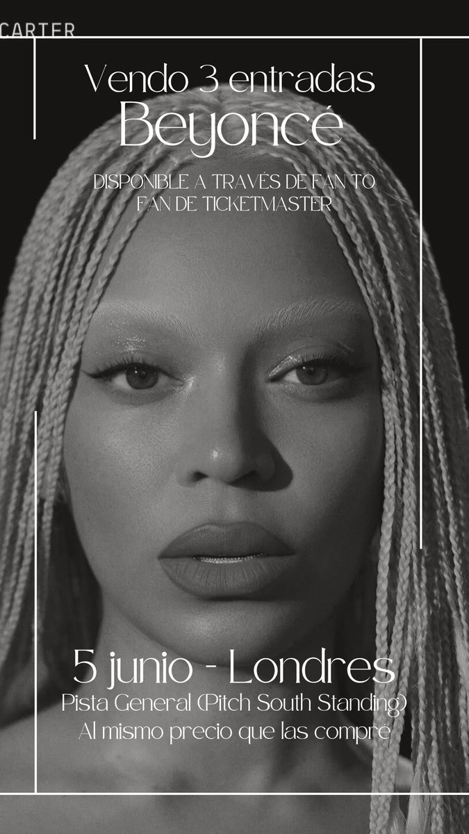 platicornio's tweet photo. Vendo 3 entradas para el concierto de Beyoncé en Londres (5 de junio) en Pista General (Pitch South Standing) al mismo precio de compra. Venta segura a través de Ticketmaster https://t.co/9ghWMnYYzS
#CowboyCarterWorldTour #CowboyCarterTour https://t.co/oCxx3lJSLJ
