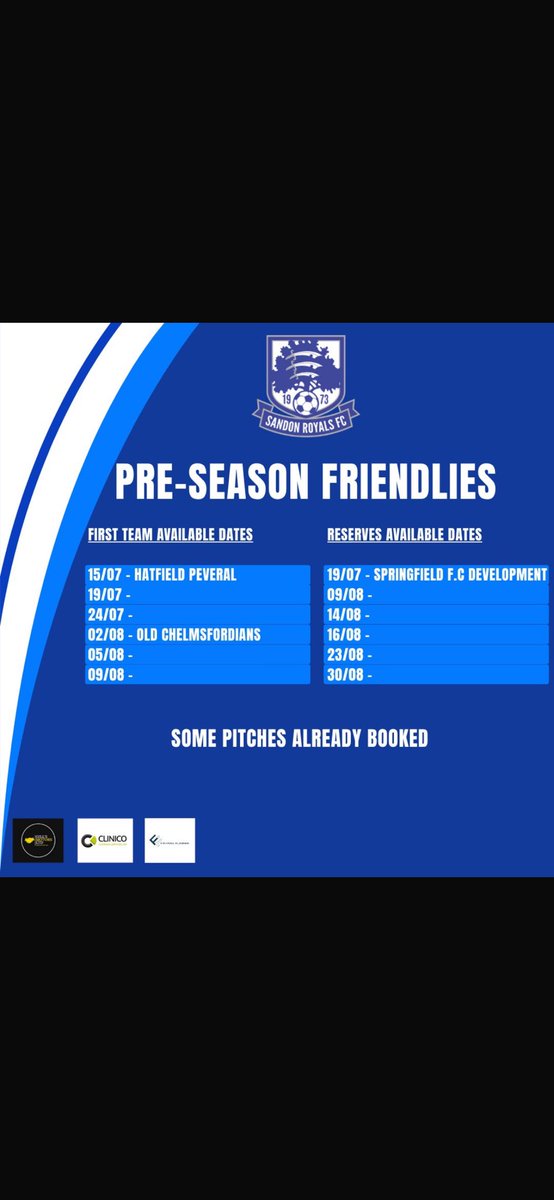 sandon_fc's tweet photo. Pre Season Friendly Dates 🔵⚪️

Looking to fill the following pre season dates for our first team &amp; reserves - reach out if you want to take any of the dates! We have a pitch booked for some dates, but not all yet so can sort those when we have a fixture arranged. @FRIENDLYGAMEUK https://t.co/ksSDHbt1l4