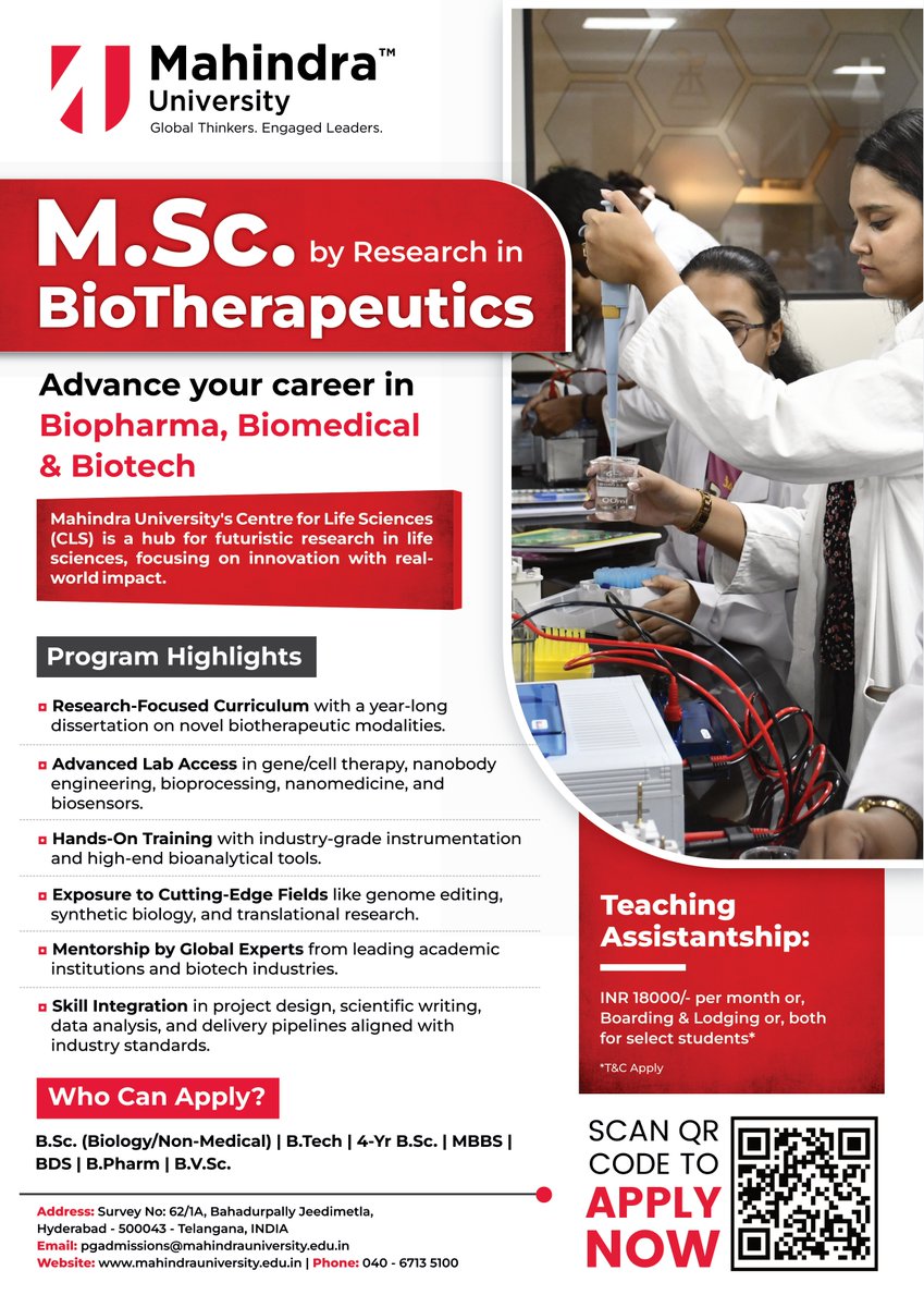 Mahindra University Centre for Life Sciences (@cls4mu) on Twitter photo ๐M.Sc. by Research in BioTherapeutics Admissions 2025 II Now Open๐
๐ก๐๐จ๐ง'๐ญ ๐ฆ๐ข๐ฌ๐ฌ ๐จ๐ฎ๐ญ! ๐๐ฉ๐ฉ๐ฅ๐ฒ ๐ง๐จ๐ฐ!
Application Form: admission.mahindrauniversity.edu.in
M.Sc. by Research in BioTherapeutics: mahindrauniversity.edu.in/programs/m-sc-โฆ
<a href="/MahindraUni/">Mahindra University</a> ๐M.Sc. by Research in BioTherapeutics Admissions 2025 II Now Open๐
๐ก๐๐จ๐ง'๐ญ ๐ฆ๐ข๐ฌ๐ฌ ๐จ๐ฎ๐ญ! ๐๐ฉ๐ฉ๐ฅ๐ฒ ๐ง๐จ๐ฐ!
Application Form: admission.mahindrauniversity.edu.in
M.Sc. by Research in BioTherapeutics: mahindrauniversity.edu.in/programs/m-sc-โฆ
<a href="/MahindraUni/">Mahindra University</a>