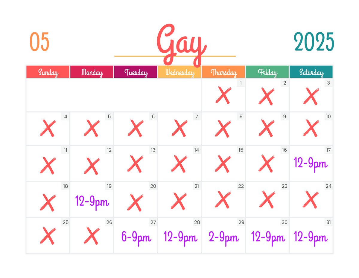 My remaining roster for the month of Gay!
All shifts must be confirmed in advance ❤️💚💛