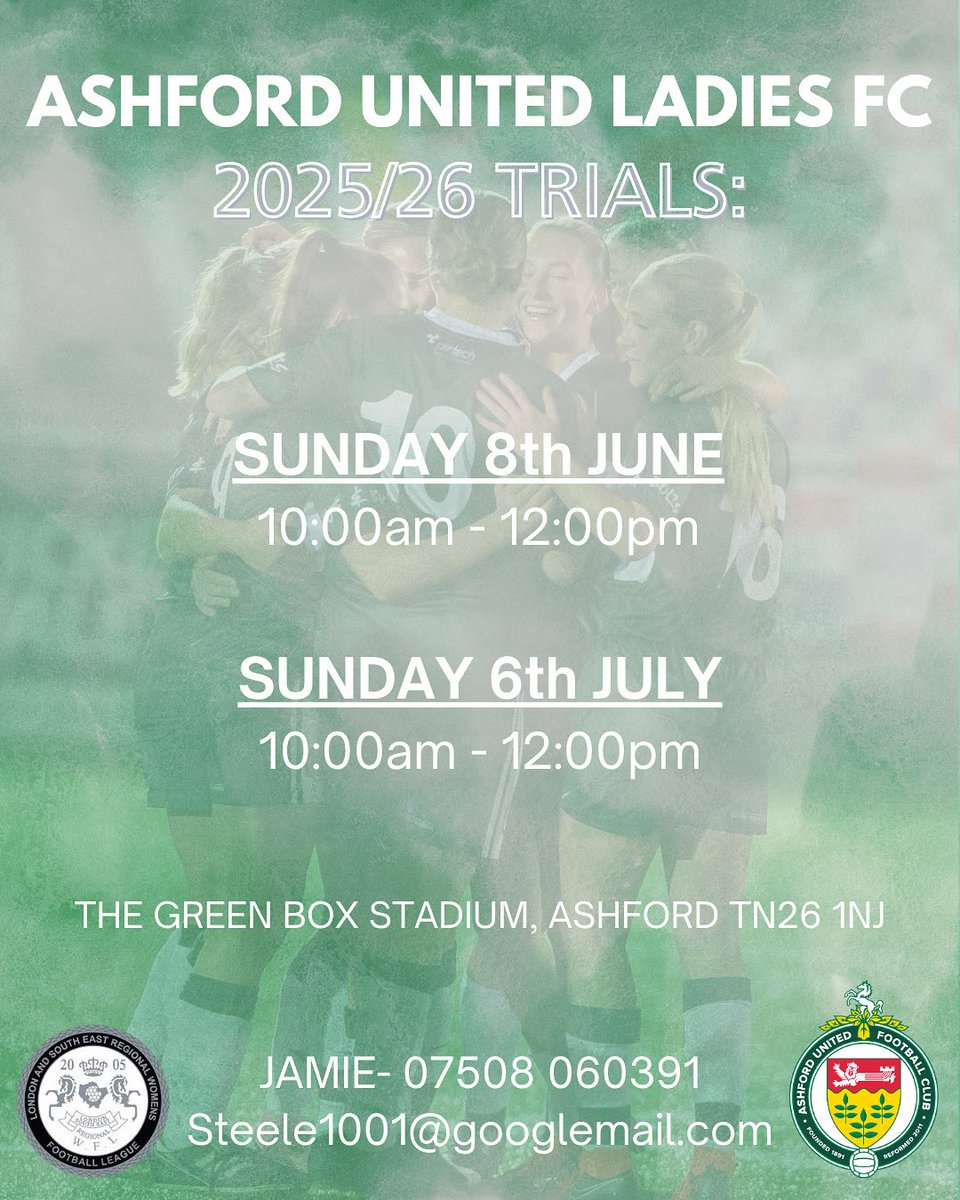 Ashford United Ladies FC (@ashfordladiesfc) on Twitter photo TRIAL DATES!
Want to become part of Ashford United Ladies 1st team?
Trial Dates:
Sunday 8th June | 10:00am - 12:00pm
Sunday 6th July | 10:00am - 12:00pm
Contact:
Jamie- 07508 060391
Steeleman1001@googlemail.com
We look forward to hearing from you๐๐ TRIAL DATES!
Want to become part of Ashford United Ladies 1st team?
Trial Dates:
Sunday 8th June | 10:00am - 12:00pm
Sunday 6th July | 10:00am - 12:00pm
Contact:
Jamie- 07508 060391
Steeleman1001@googlemail.com
We look forward to hearing from you๐๐