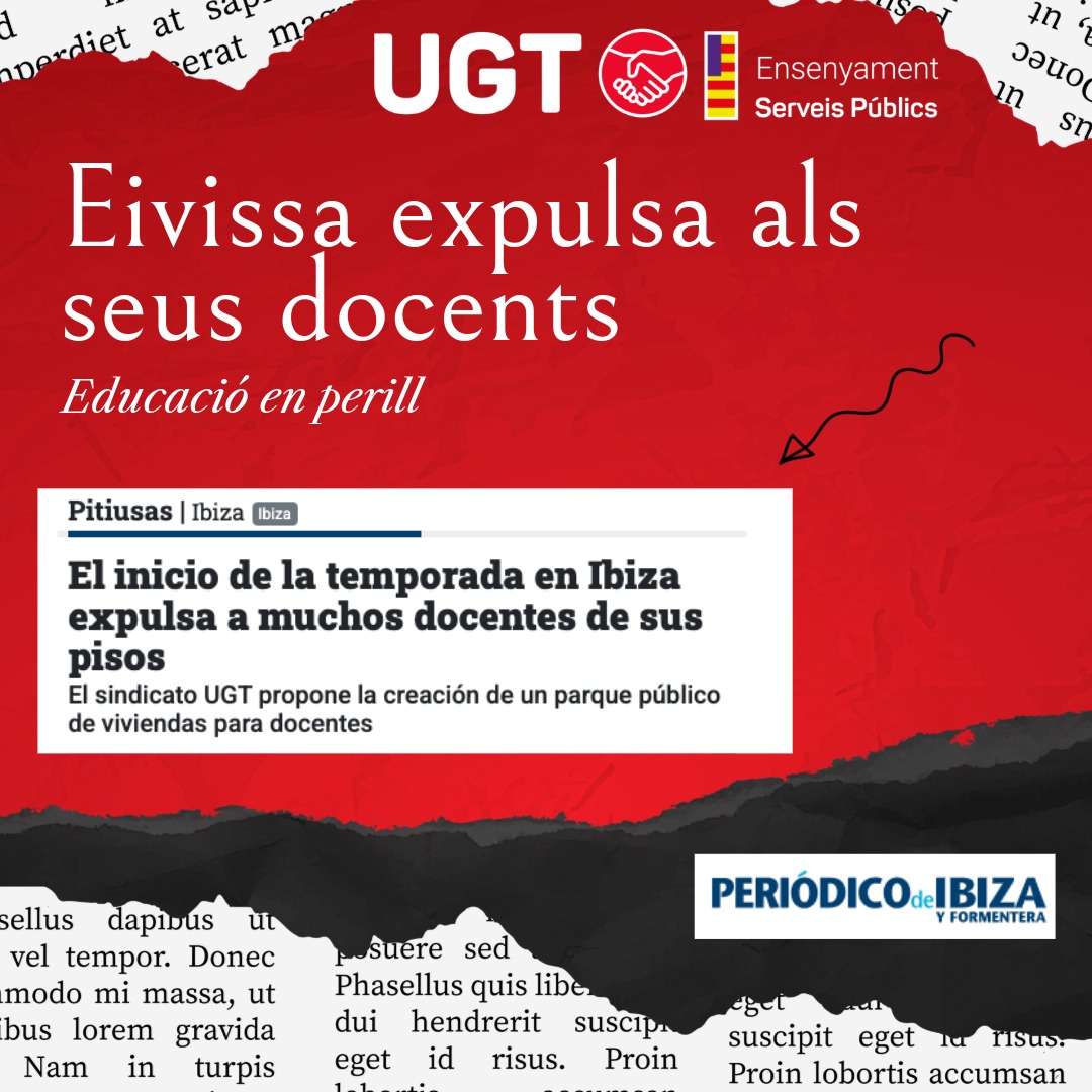 UGT Ensenyament Illes Balears (@ugt_ensenyament) on Twitter photo 🆘 Calen solucions urgents: habitatge digne per als que ens eduquen.
📢 <a href="/TinoDavia/">Tino Davia</a> secretari de sector d'UGT ENSENYAMENT: "Es podrien adaptar antics complexos militars o immobles buits"
🔗 Llegeix la notícia: periodicodeibiza.es/pitiusas/ibiza…
<a href="/periodicibiza/">Periódico de Ibiza</a> 🆘 Calen solucions urgents: habitatge digne per als que ens eduquen.
📢 <a href="/TinoDavia/">Tino Davia</a> secretari de sector d'UGT ENSENYAMENT: "Es podrien adaptar antics complexos militars o immobles buits"
🔗 Llegeix la notícia: periodicodeibiza.es/pitiusas/ibiza…
<a href="/periodicibiza/">Periódico de Ibiza</a>