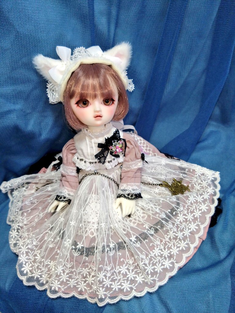 5XCpataFe278325's tweet image. Atelier May 様(@_Atelier_may_)の幼っ子ドレスお迎え！
猫耳は里の委託様のもの！
私の技術じゃ伝わらないけどめちゃくちゃ可愛い！
ピンクがくすみカラーでレースも柔らかい白でクセントの黒が最高✨️
ヘッドリボンはウィッグの関係で背中に✨️ 
素敵なお洋服ありがとうございます✨️✨️✨️