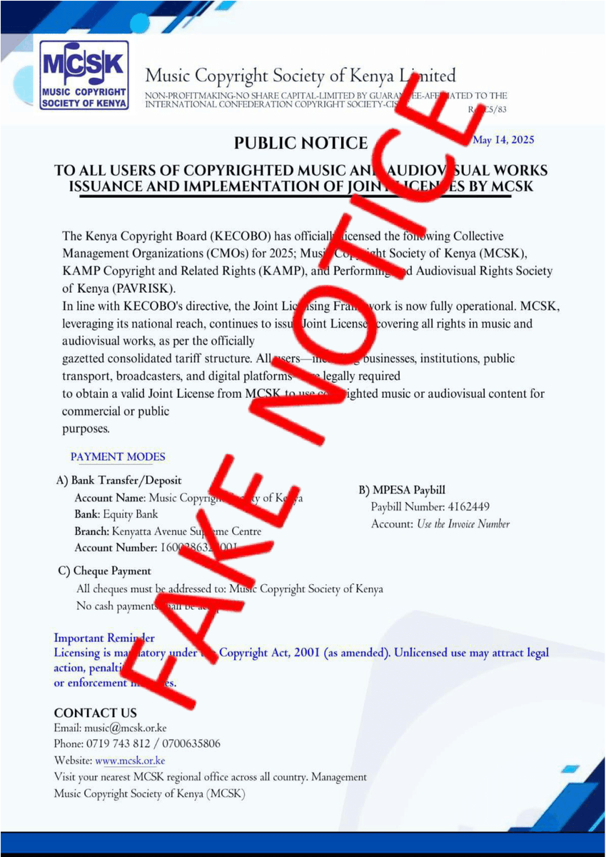 🚨 PUBLIC WARNING
A fraudulent notice is circulating claiming MCSK is issuing licenses &amp; collecting payments via unauthorized bank accounts.
⚠️ This is FALSE.
MCSK’s 2025 license from KECOBO is still under process. No official collection is underway.

🔴 Do NOT transact based on