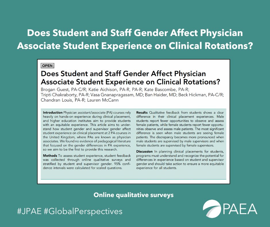 In this #JPAE article, the authors investigate how student and clinical supervisor gender affect student experience and opportunity in relation to intimate assessments during clinical placements. #GlobalPerspectives #PAEducation #StudentExperience 

ow.ly/HUBw50VSQu6