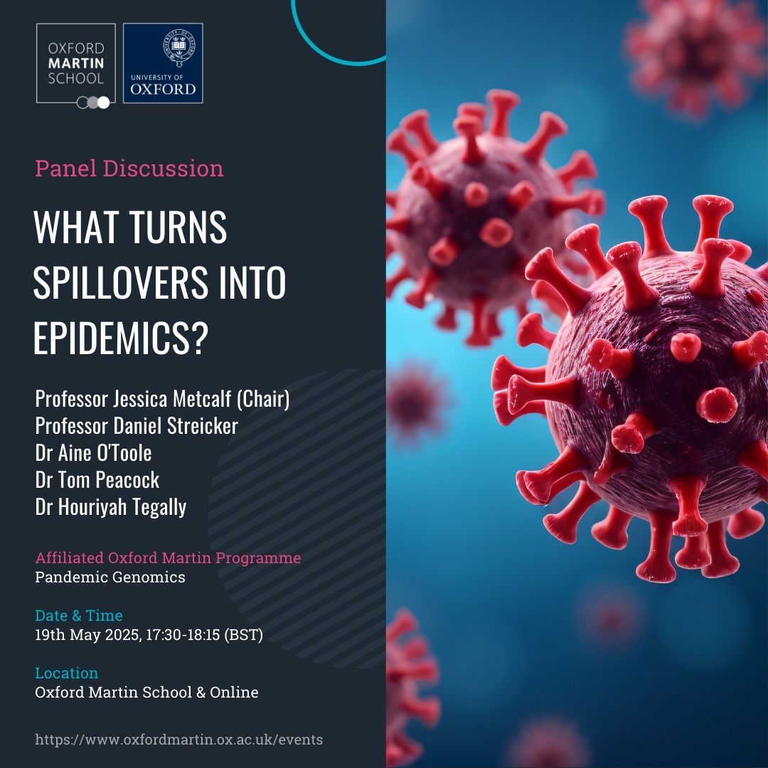 What turns a virus spillover into an epidemic? 🌍🦠
Join leading experts to explore how AI, genomics &amp; ecology shape epidemic forecasting.

📍Oxford Martin School &amp; Online
⏰ May 19 5–6:15pm

Register here: oxfordmartin.ox.ac.uk/events/what-tu…