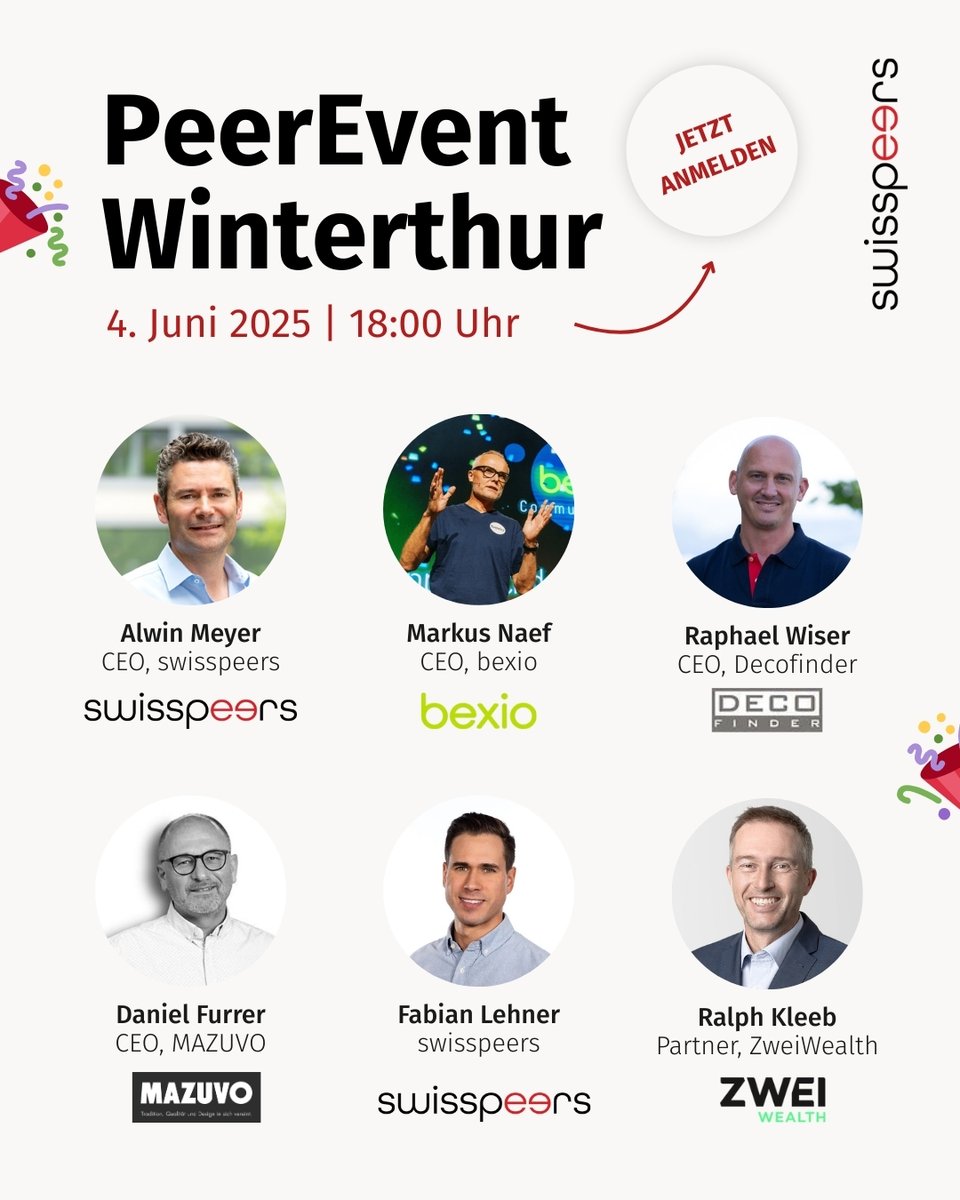Freuen Sie sich auf spannende Beiträge und Interviews im diesjährigen Line-up. Jetzt anmelden →

Informationen &amp; Anmeldung:
hubs.li/Q03mJfW00

Beim PeerEvent, unserem Flagship-Event, bringen wir einmal im Jahr KMU, Investierende und die swisspeers Community persönlich