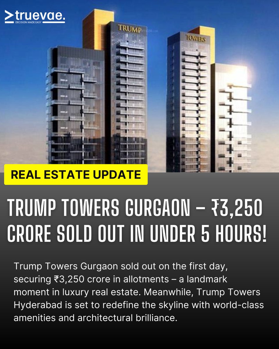 truevae_infra's tweet photo. A Legendary Milestone in Indian Real Estate
#RealEstate #LuxuryLiving #TrumpResidences #TrumpTowers #Hyderabad #Gurugram #LuxuryHomes #IconicLiving #MarketLeaders #Pioneers #SuccessStory #PropertyInvestment #Truevae https://t.co/7Un9avOizz