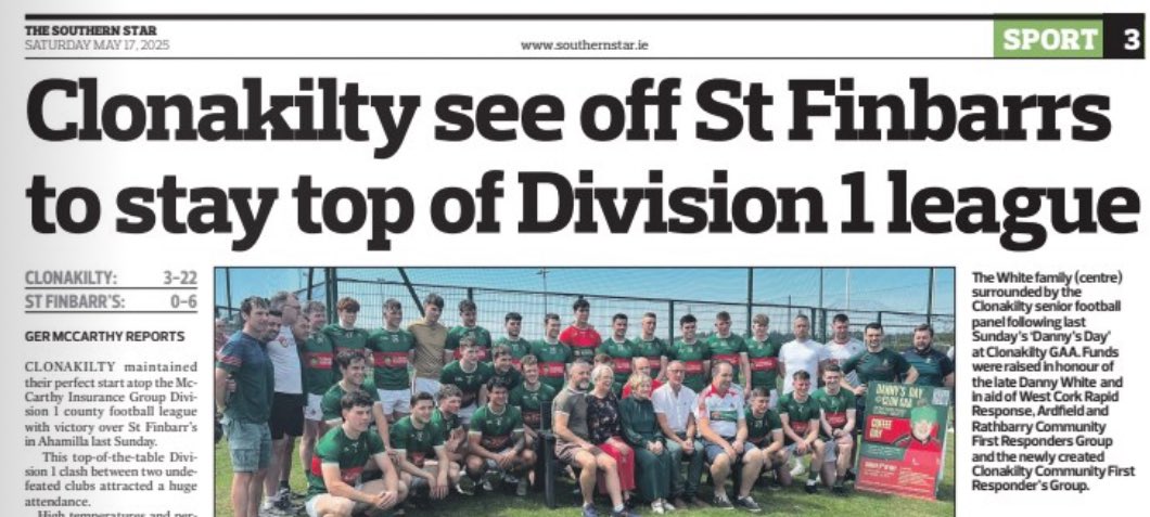 Ger McCarthy (@germccarthy74) on Twitter photo 📰In this week’s <a href="/SouthernStarIRL/">The Southern Star</a> <a href="/WestCorkSport/">Southern Star Sport</a>
🏐Read my <a href="/mig_ie/">McCarthy Insurance Group</a> <a href="/OfficialCorkGAA/">Cork GAA</a> Div1 League <a href="/clongaa/">Clonakilty GAA</a> and <a href="/the_Barrs/">St Finbarr’s National H&F Club</a> match report on a special fundraising day for the <a href="/carberygaa/">Carbery GAA 💯</a> club.
#️⃣ #cork #gaa #corkgaa 📰In this week’s <a href="/SouthernStarIRL/">The Southern Star</a> <a href="/WestCorkSport/">Southern Star Sport</a>
🏐Read my <a href="/mig_ie/">McCarthy Insurance Group</a> <a href="/OfficialCorkGAA/">Cork GAA</a> Div1 League <a href="/clongaa/">Clonakilty GAA</a> and <a href="/the_Barrs/">St Finbarr’s National H&F Club</a> match report on a special fundraising day for the <a href="/carberygaa/">Carbery GAA 💯</a> club.
#️⃣ #cork #gaa #corkgaa