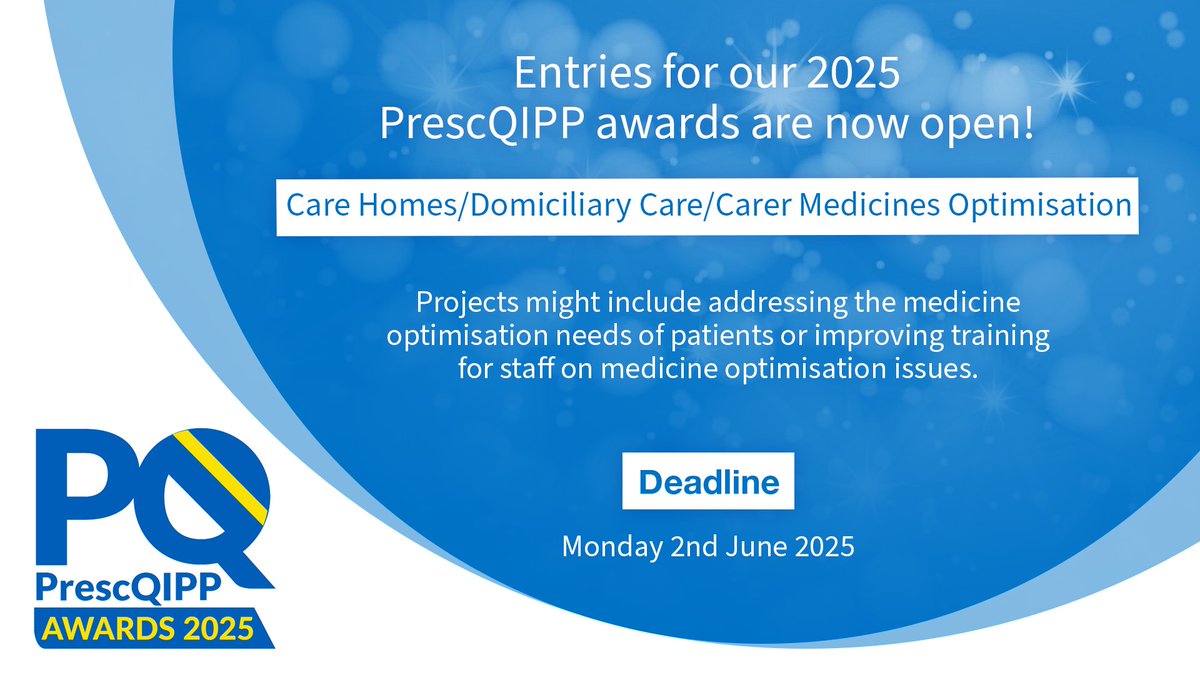 PrescQIPP CIC (@prescqipp) on Twitter photo If your project has improved medicines optimisation for older people, you could win a #PrescQIPP2025 Award.
Enter the 'Care homes/domiciliary care/carer medicines optimisation' category: prescqipp.info/community-reso…
@sundusjawad1 <a href="/GrahamStretch/">Graham Stretch</a> <a href="/coachingchemist/">Jamie Hayes</a> <a href="/pcpa_org/">The PCPA</a> <a href="/FrimleyHC/">FrimleyHealth&CareICS</a> If your project has improved medicines optimisation for older people, you could win a #PrescQIPP2025 Award.
Enter the 'Care homes/domiciliary care/carer medicines optimisation' category: prescqipp.info/community-reso…
@sundusjawad1 <a href="/GrahamStretch/">Graham Stretch</a> <a href="/coachingchemist/">Jamie Hayes</a> <a href="/pcpa_org/">The PCPA</a> <a href="/FrimleyHC/">FrimleyHealth&CareICS</a>