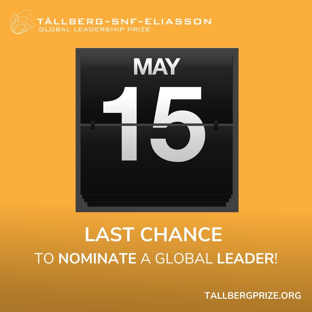 🚨 FINAL DAY! 🚨

This is it—the last chance to nominate a visionary leader for the Tällberg-SNF-Eliasson Global Leadership Prize!

Nominations close at midnight. Don’t wait!

🔗 buff.ly/kkHtIdH

#FinalHours #NominateNow