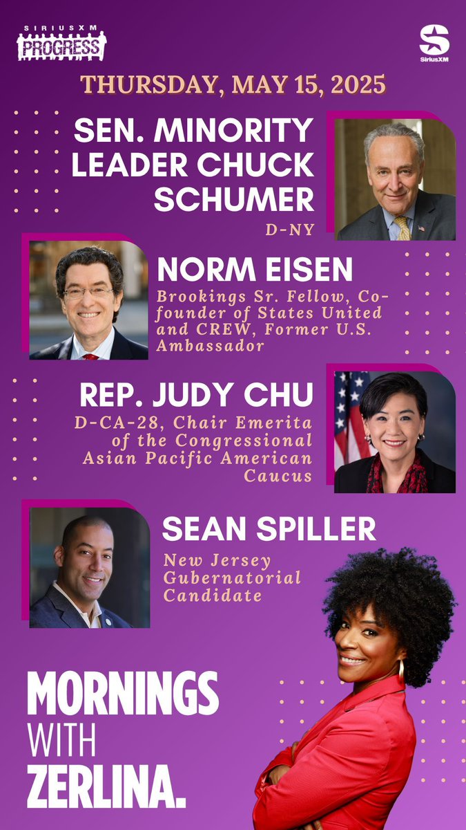 ZerlinaMornings.bsky.social (@zerlinamornings) on Twitter photo Hello Thursday! Joining Zerlina on the show this AM: Senate Democratic Leader <a href="/SenSchumer/">Chuck Schumer</a>, Brookings Sr. Fellow <a href="/NormEisen/">Norm Eisen</a>, <a href="/CAPAC/">CAPAC</a> Chair Emerita <a href="/RepJudyChu/">Judy Chu</a> of CA-28 + NJ Gubernatorial Candidate <a href="/spillerfornj/">Sean Spiller for Governor</a>!
βοΈ 866-997-4748
π» <a href="/SiriusXMProg/">SiriusXMProg.bsky.social</a> Ch. 127
siriusxm.us/Zerlina Hello Thursday! Joining Zerlina on the show this AM: Senate Democratic Leader <a href="/SenSchumer/">Chuck Schumer</a>, Brookings Sr. Fellow <a href="/NormEisen/">Norm Eisen</a>, <a href="/CAPAC/">CAPAC</a> Chair Emerita <a href="/RepJudyChu/">Judy Chu</a> of CA-28 + NJ Gubernatorial Candidate <a href="/spillerfornj/">Sean Spiller for Governor</a>!
βοΈ 866-997-4748
π» <a href="/SiriusXMProg/">SiriusXMProg.bsky.social</a> Ch. 127
siriusxm.us/Zerlina