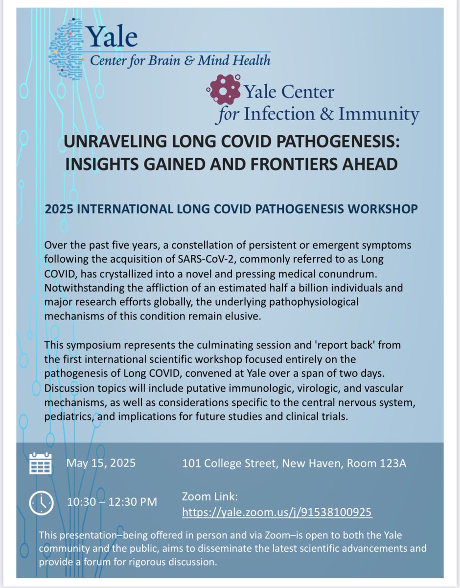 Grateful to be part of this incredible workshop! I’m learning so much from this inspiring group of scientists.
Tune in today as we dive into the latest insights on the state of the science in Long COVID pathogenesis. 
Zoom Link:
yale.zoom.us/j/91538100925