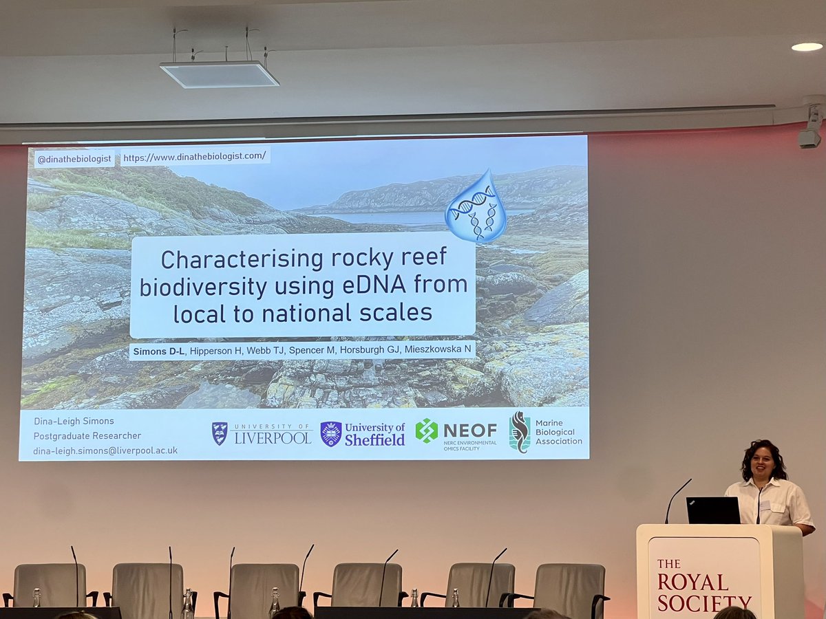 Dina_Simons_Sci's tweet image. A surreal experience standing at the Royal Society podium to share my PhD research at the UK DNA Working Group Conference. Grateful for the opportunity to present my work on eDNA for coastal monitoring and to connect with such a brilliant community of researchers 🧬