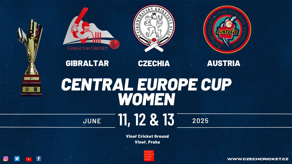 CzechCricket's tweet photo. Women’s T20I action hits Prague!
🇨🇿 Czechia takes on 🇬🇮 Gibraltar &amp; 🇦🇹 Austria at the Central Europe Cup 2025.

📅 June 11–13

📍 Vinoř Cricket Ground, Prague

🎟️ Free entry!

#CentralEuropeCup #CzechCricket #WomensCricket #T20I https://t.co/7x8dY3S4jH
