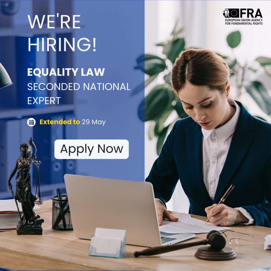 EU Fundamental Rights ➡️ #HumanRights (@eurightsagency) on Twitter photo Do you want to stand up for #HumanRights?
Then why not join the <a href="/EURightsAgency/">EU Fundamental Rights ➡️ #HumanRights</a>.
We are looking for a seconded national expert to work on equality law.
#EUjobs #SNE
📌Deadline extended to 29 May.
🔗Full details here: fra.gestmax.eu/836/1/seconded… Do you want to stand up for #HumanRights?
Then why not join the <a href="/EURightsAgency/">EU Fundamental Rights ➡️ #HumanRights</a>.
We are looking for a seconded national expert to work on equality law.
#EUjobs #SNE
📌Deadline extended to 29 May.
🔗Full details here: fra.gestmax.eu/836/1/seconded…