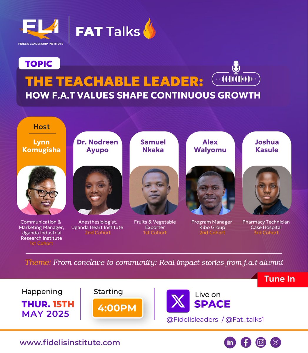 FAT Talks (@fat_talks1) on Twitter photo 🚨 Happening Today! 🚨
Join us for FAT Talks 🔥 as we dive into "The Teachable Leader: How F.A.T Values Shape Continuous Growth."
📅 Date: Today, 15th May 2025
⏰ Time: 4:00 PM
LIVE: x.com/Fat_talks1/sta…
💡 Don’t miss this insightful conversation! <a href="/UIRI_UG/">Uganda Industrial Research Institute</a> 🚨 Happening Today! 🚨
Join us for FAT Talks 🔥 as we dive into "The Teachable Leader: How F.A.T Values Shape Continuous Growth."
📅 Date: Today, 15th May 2025
⏰ Time: 4:00 PM
LIVE: x.com/Fat_talks1/sta…
💡 Don’t miss this insightful conversation! <a href="/UIRI_UG/">Uganda Industrial Research Institute</a>