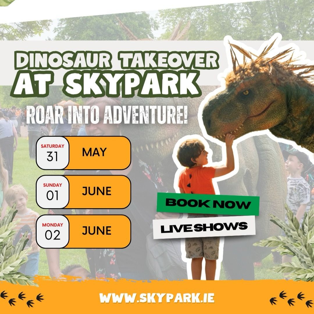 🦕 It’s a Jurassic Weekend at SkyPark! 
Get ready for a dino-packed adventure in Carlingford with our Dinosaur Takeover Weekend! 
📅 Mark your calendar: 
🗓️ Sat 31 May – Mon 02 June 
👉 Book now before it's extinct as places fill up quickly! skypark.ie/activity-pass/