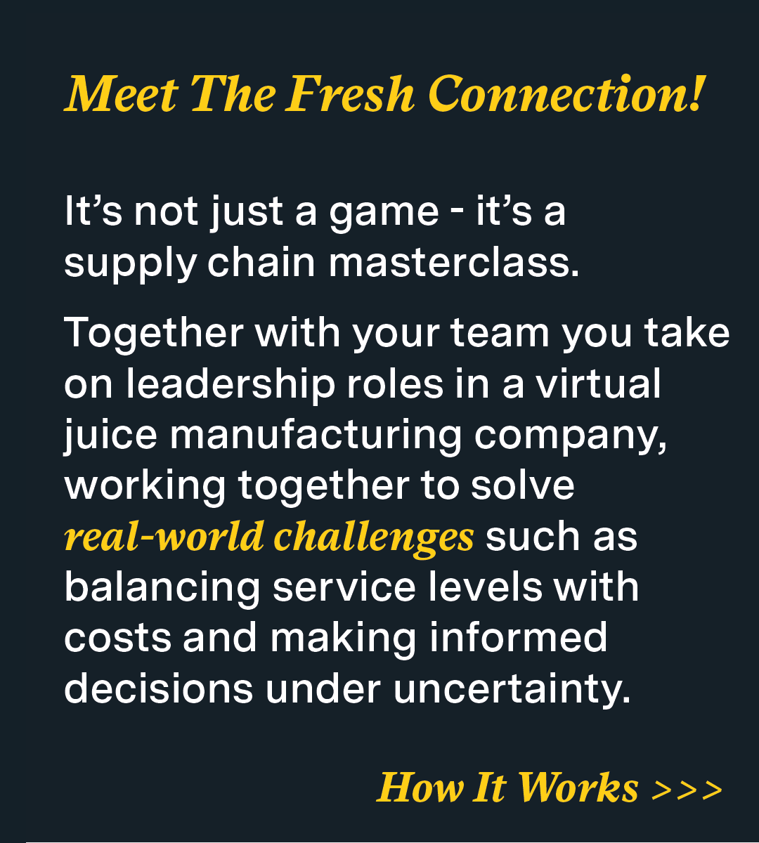 Miebach_Global's tweet photo. 🍊 Imagine running a fruit juice company in crisis: full warehouses, unhappy customers, falling profits. Can you turn it around?

🚀 Step into the simulation The Fresh Connection and sharpen your supply chain skills https://t.co/ncqBJ6mxP1