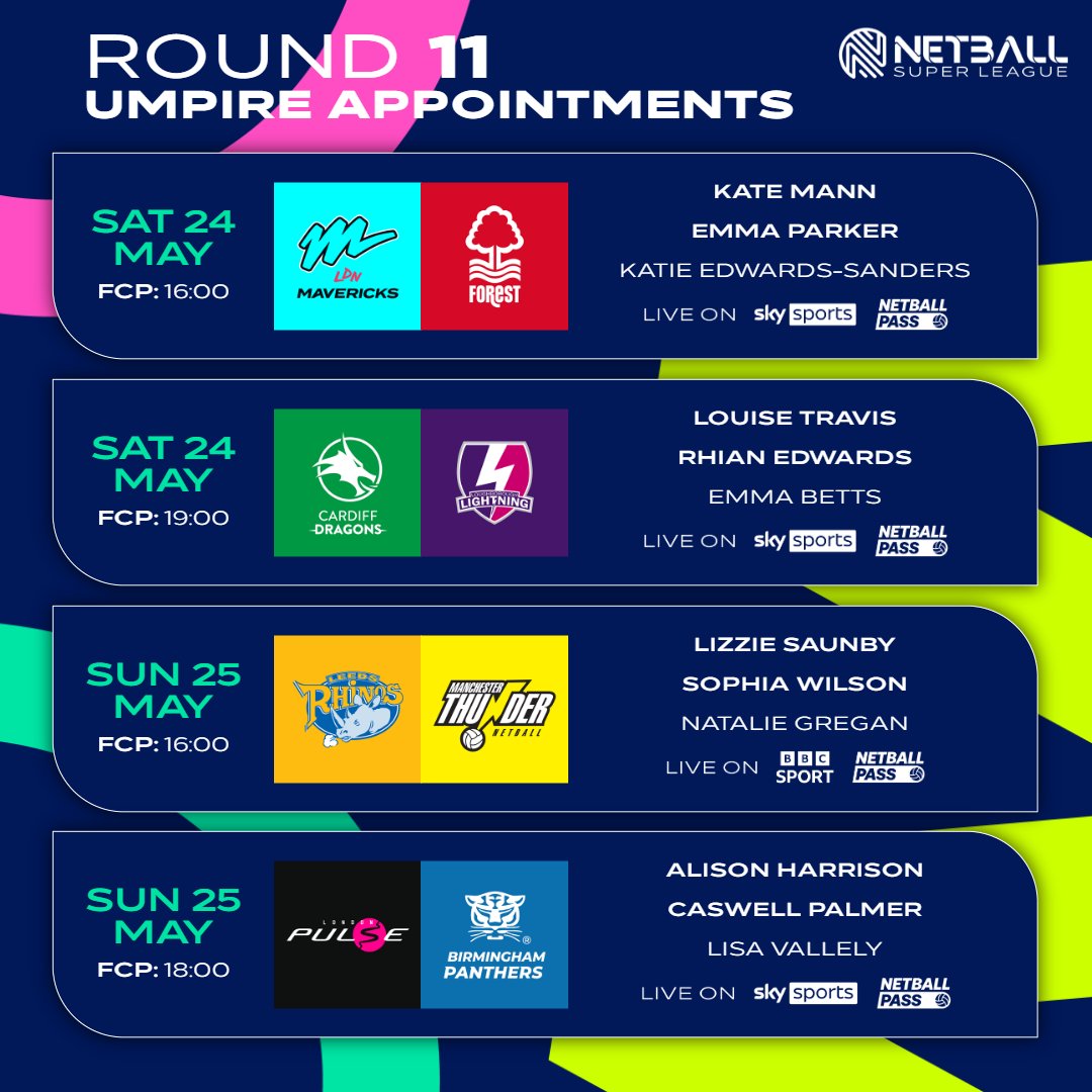 Here are your England Netball Super League Umpire Appointments for round 11. 🙌

👏 Best of luck to all our officials!
🎥 Tune in live and catch all the action!

#NSL2025 #OfficiatingFamily