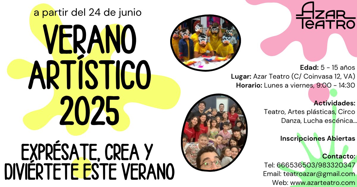 No falta nada para que llegue el verano y, ¿qué mejor manera de disfrutarlo? Teatro, Circo, Danza, Lucha Escénica, Artes Plásticas... El combo perfecto para sacar a los artistas que nuestros niños llevan dentro 🎨🎭💃🏻🎪

EXPRÉSATE, CREA Y DIVIÉRTETE ESTE VERANO ☀️