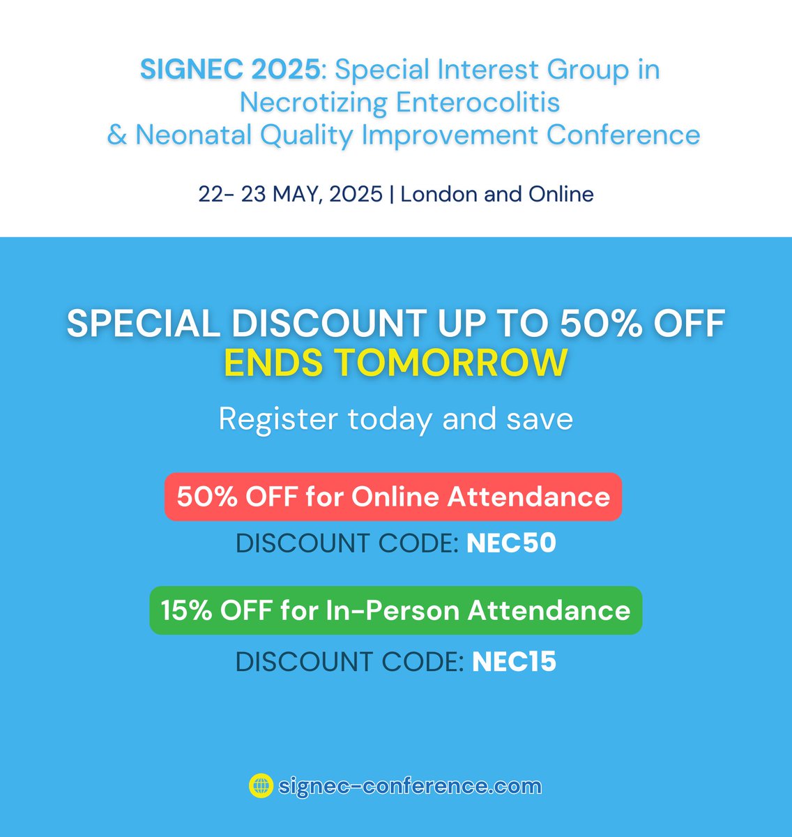 MCA Scientific Events (@mca_se) on Twitter photo #NECawareness day discount will end tomorrow! Secure your participation at best rate to be part of the #SIGNEC2025!
50% OFF Online Attendance โ Use code: NEC50
15% OFF In-Person Attendance โ Use code: NEC15
Register here๐: bit.ly/SIGNEC2025-REGโฆ
<a href="/mkrettiwt/">minesh.khashu (tweeting in individual capacity)</a> <a href="/SIGNECconf/">SIGNEC signec.org</a> #NECawareness day discount will end tomorrow! Secure your participation at best rate to be part of the #SIGNEC2025!
50% OFF Online Attendance โ Use code: NEC50
15% OFF In-Person Attendance โ Use code: NEC15
Register here๐: bit.ly/SIGNEC2025-REGโฆ
<a href="/mkrettiwt/">minesh.khashu (tweeting in individual capacity)</a> <a href="/SIGNECconf/">SIGNEC signec.org</a>