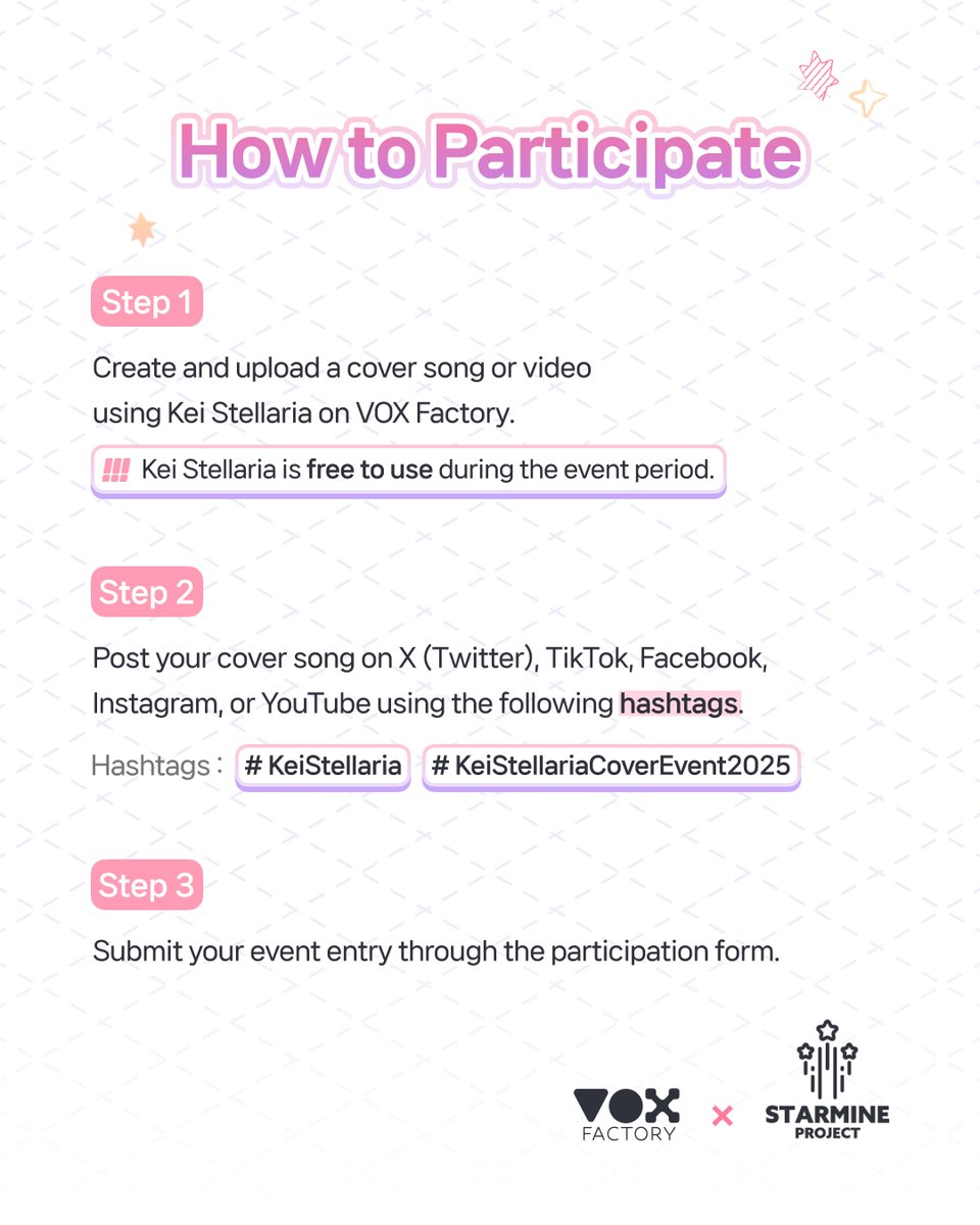 VOX Factory (@voxfactory) on Twitter photo Kei Stellaria Cover Event โ Date Correction Notice
There was an error in the previously announced dates for the Kei Stellaria Cover Event.
The correct event period is through June 5, during which Kei Stellaria is free to use.
Participation form: forms.gle/DcxKSRt9ML8X36โฆ Kei Stellaria Cover Event โ Date Correction Notice
There was an error in the previously announced dates for the Kei Stellaria Cover Event.
The correct event period is through June 5, during which Kei Stellaria is free to use.
Participation form: forms.gle/DcxKSRt9ML8X36โฆ