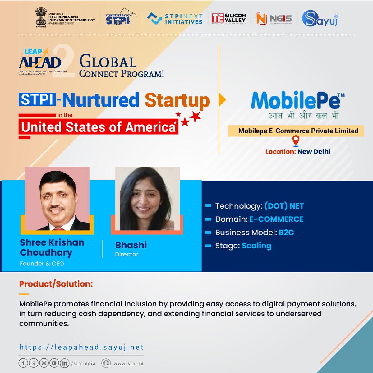 🌟 Indian Innovation Made Its Mark in Silicon Valley!

STPI-nurtured startup M/s MobilePe Ecommerce Private Limited proudly showcased India’s tech prowess on the global stage in the USA under the Leap Ahead Global Connect Program. 🌍

🔍 About the Startup:
M/s MobilePe Ecommerce