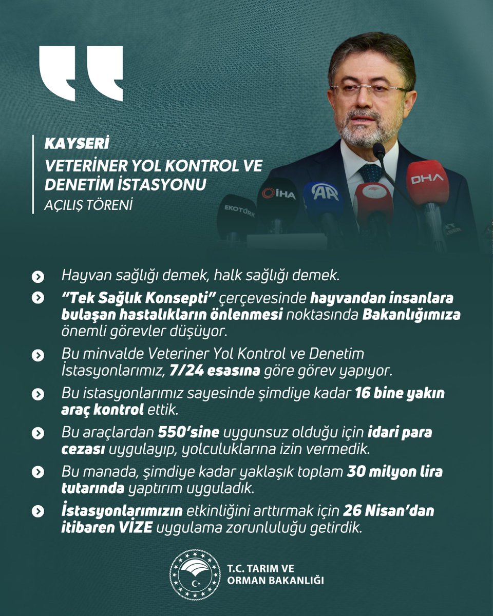 TCTarim's tweet photo. Bakanımız Sayın @ibrahimyumakli:

“Tek Sağlık Konsepti” çerçevesinde hayvandan insanlara bulaşan hastalıkların önlenmesi noktasında Bakanlığımıza önemli görevler düşüyor.

📍 Kayseri Veteriner Yol Kontrol ve Denetim İstasyonu Açılış Töreni https://t.co/Z3zrA4WqJ5
